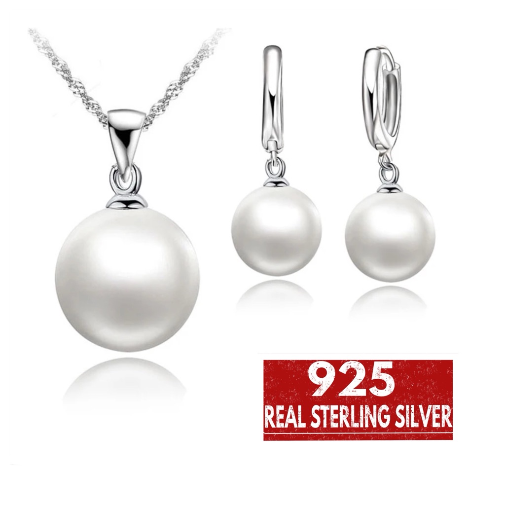 925 Sterling Silver Pearl Necklace And Earrings Set 44$